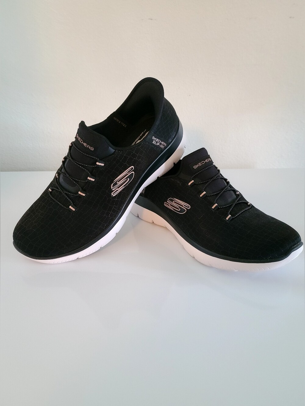 Skechers Black Slip-On Lace-Style Sneakers with Rosegold and White Sole